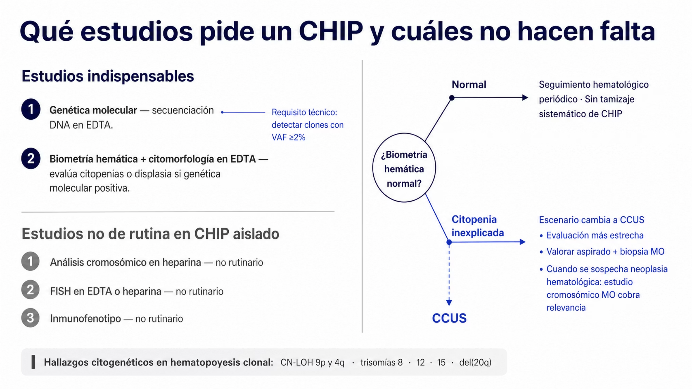 Figura de elección de estudios ante hematopoyesis clonal. Como indispensables aparecen la genética molecular en muestra con EDTA, casi siempre por secuenciación de DNA y con una técnica capaz de detectar clones con frecuencia alélica de la variante de 2 por ciento o más, y la biometría hemática con citomorfología en EDTA, esencial si la genética es positiva porque muestra si hay citopenias o displasia. Como no rutinarios se señalan el análisis cromosómico en heparina, no indicado en CHIP aislado con biometría normal, el estudio de FISH y el inmunofenotipo. Un nodo de decisión pregunta si la biometría hemática es normal: si lo es, corresponde seguimiento hematológico periódico sin tamizaje sistemático; si aparece una citopenia inexplicada, el escenario cambia a CCUS y obliga a una evaluación más estrecha, con mayor relevancia del estudio cromosómico en médula ósea y con aspirado y biopsia cuando se sospecha una neoplasia hematológica.