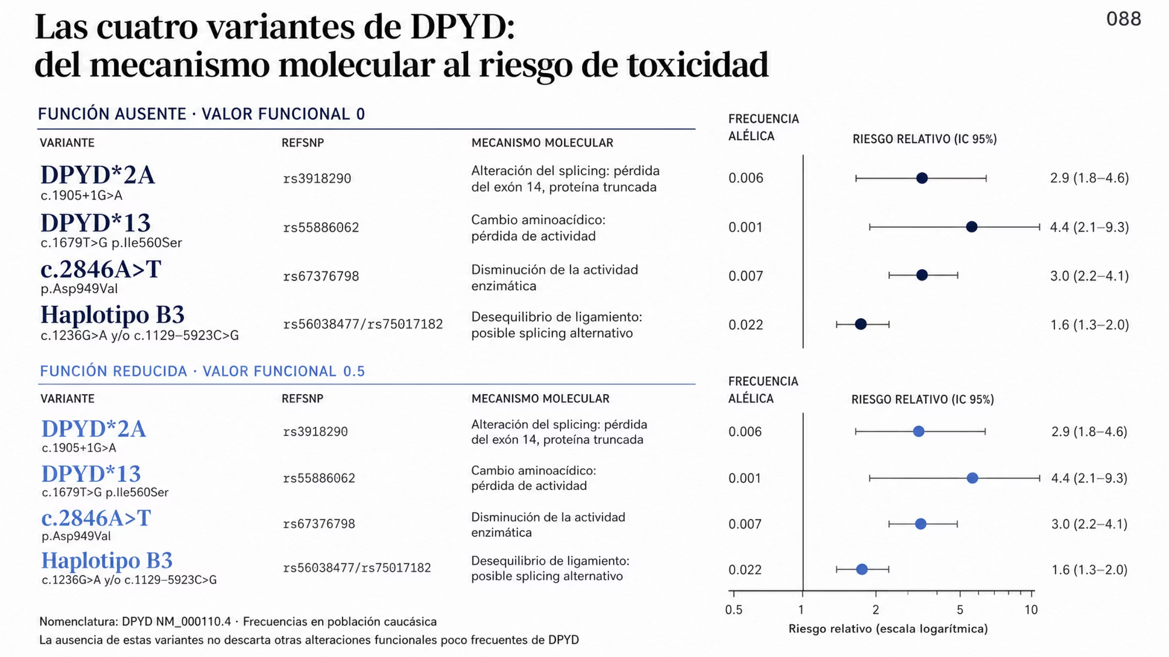 Comparación de las cuatro variantes de DPYD del estudio dirigido, agrupadas por efecto funcional. Función ausente: DPYD*2A, c.1905+1G>A con salto del exón 14, frecuencia 0.006 y riesgo relativo 2.9; DPYD*13, c.1679T>G, frecuencia 0.001 y riesgo relativo 4.4. Función reducida: c.2846A>T, frecuencia 0.007 y riesgo relativo 3.0; haplotipo B3, c.1236G>A y/o c.1129–5923C>G, la más frecuente con 0.022 y el riesgo relativo más bajo, 1.6.