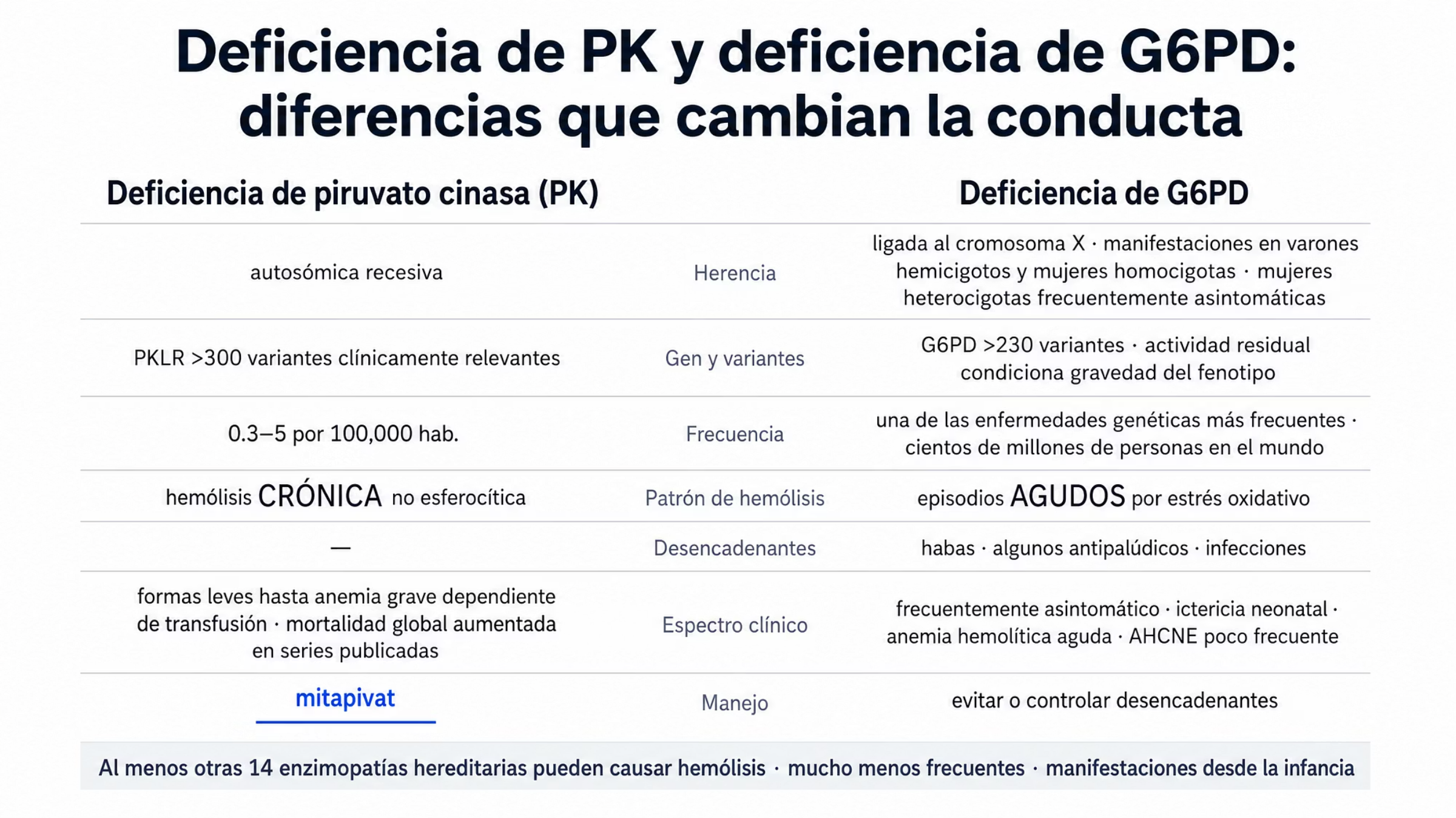 Comparación por ejes entre la deficiencia de piruvato cinasa y la deficiencia de G6PD. Herencia: autosómica recesiva frente a ligada al cromosoma X, con manifestaciones en varones hemicigotos y mujeres homocigotas. Gen y variantes: más de 300 variantes clínicamente relevantes en PKLR frente a más de 230 en G6PD, donde la actividad residual pesa en la gravedad. Frecuencia: prevalencia de 0.3 a 5 por 100,000 habitantes frente a una de las enfermedades genéticas más frecuentes del mundo. Patrón de hemólisis: crónica no esferocítica frente a episodios agudos por estrés oxidativo. Desencadenantes: ninguno descrito en piruvato cinasa; habas, algunos medicamentos como antipalúdicos e infecciones en G6PD. Espectro clínico: de formas leves a anemia grave dependiente de transfusión frente a un cuadro con frecuencia asintomático que puede dar ictericia neonatal y hemólisis aguda. Manejo: mitapivat como activador dirigido en piruvato cinasa; evitar o controlar desencadenantes en G6PD.