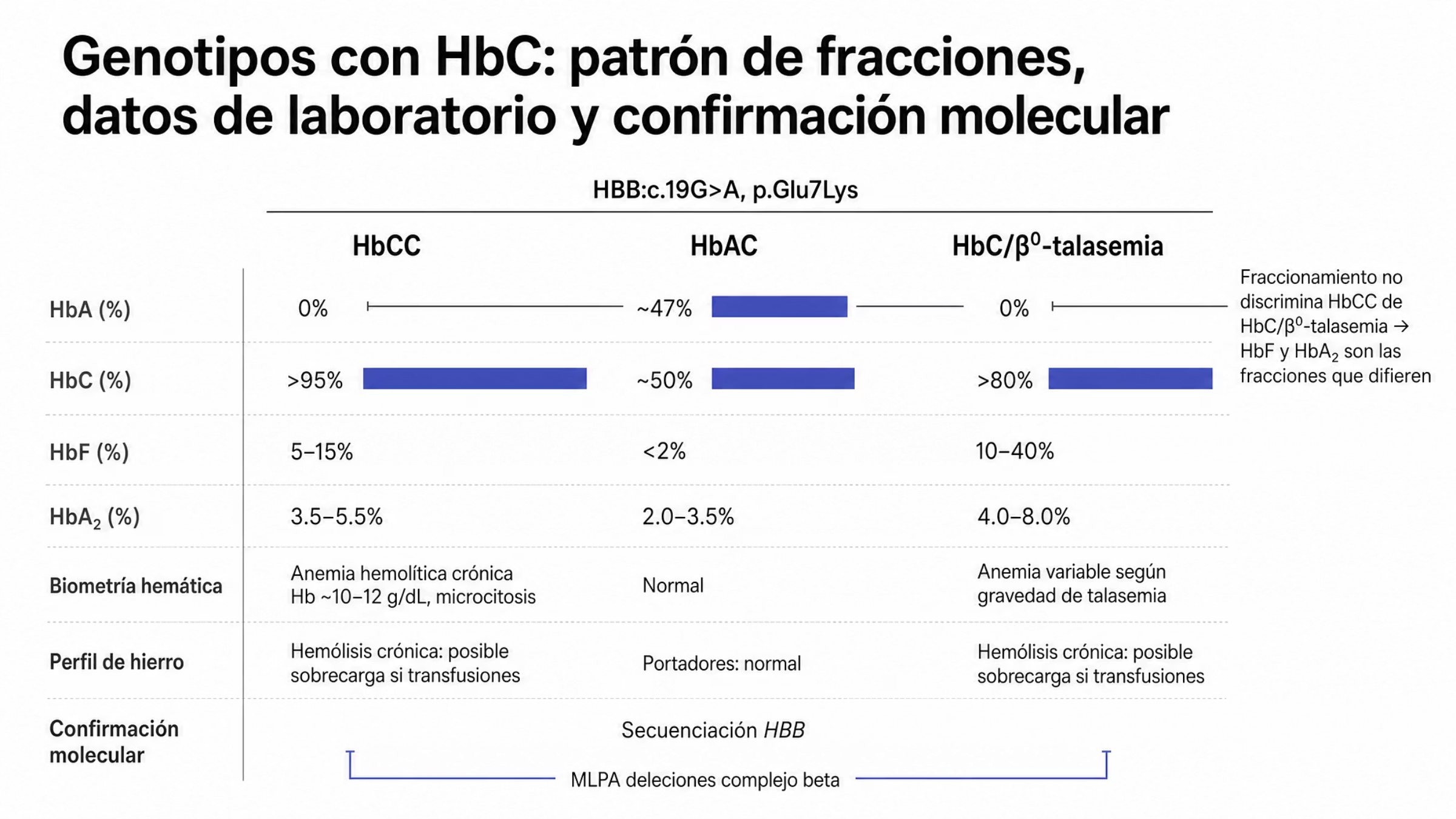 Figura que relaciona los genotipos con HbC y sus hallazgos de laboratorio. Un encabezado común indica la variante HBB:c.19G>A, p.Glu7Lys. Tres columnas comparan HbCC, HbAC y HbC/beta cero talasemia. En HbCC, la HbA es de 0%, la HbC mayor de 95%, la HbF cercana a 0.5% y la HbA2 cercana a 2.5%. En HbAC, la HbA es de cerca de 47%, la HbC cercana a 50%, la HbF menor de 5% y la HbA2 cercana a 3.0%. En HbC/beta cero talasemia, la HbA es de 0%, la HbC mayor de 80%, la HbF menor de 20% y la HbA2 mayor de 3.5%. Un filete une los dos valores de HbA en 0% y advierte que ahí el fraccionamiento no discrimina y que HbF y HbA2 son las fracciones que difieren. Los ejes inferiores muestran biometría hemática normal en la heterocigosis y anemia hemolítica crónica con hemoglobina de 10 a 12 gramos por decilitro y microcitosis en la enfermedad por HbC, perfil de hierro normal en portadores con posible sobrecarga en la hemólisis crónica, y confirmación con secuenciación de HBB más análisis de deleciones por MLPA cuando hay que separar HbCC de HbC/beta talasemia.
