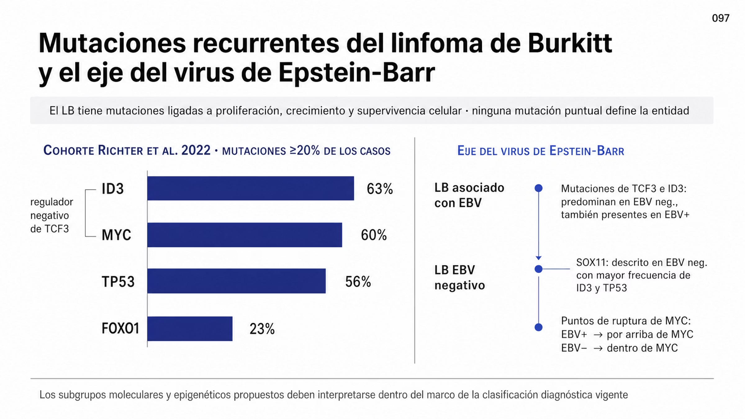 Figura en dos partes. A la izquierda, cuatro barras horizontales con las mutaciones más frecuentes de la cohorte de Richter et al. 2022, detectadas en al menos 20% de los casos: ID3 en 63%, MYC en 60%, TP53 en 56% y FOXO1 en 23%, con una nota que explica la relación entre TCF3 y su regulador negativo ID3 y su predominio en los casos EBV negativos. A la derecha, el eje del virus de Epstein-Barr con dos filas, linfoma de Burkitt asociado con EBV y linfoma de Burkitt EBV negativo, distinción que la OMS subraya desde 2022: en los casos EBV positivos los puntos de ruptura de MYC se describen con mayor frecuencia en regiones por arriba del gen, mientras que en los EBV negativos son más comunes dentro de la región de MYC, y sólo en el grupo EBV negativo con expresión de SOX11 se han descrito frecuencias más altas de mutaciones de ID3 y TP53. Una franja superior advierte que ninguna mutación puntual define por sí sola a la entidad.