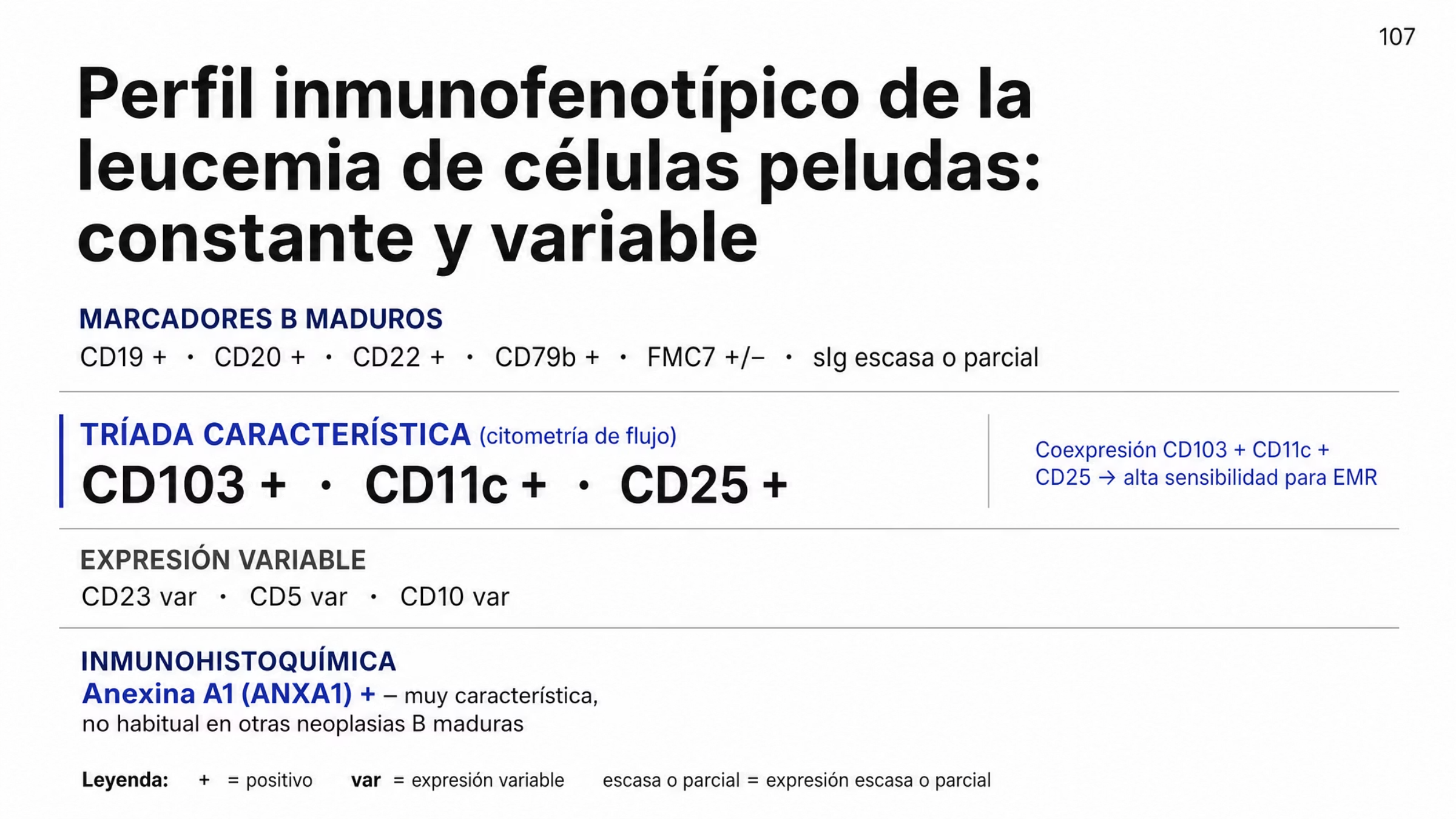 Matriz inmunofenotípica de la leucemia de células peludas organizada en cuatro secciones. Marcadores B maduros: CD19, CD20, CD22, CD79b y FMC7 positivos, con inmunoglobulina de superficie de expresión escasa o parcial. Marcadores característicos, destacados: CD103, CD11c y CD25 positivos. Marcadores de expresión variable: CD23, CD5 y CD10. Sección de inmunohistoquímica: anexina A1, muy característica de la forma clásica y no habitual en otras neoplasias de células B maduras. Una nota indica que la coexpresión de CD103, CD11c y CD25 respalda el diagnóstico y permite evaluar la enfermedad medible residual con alta sensibilidad.
