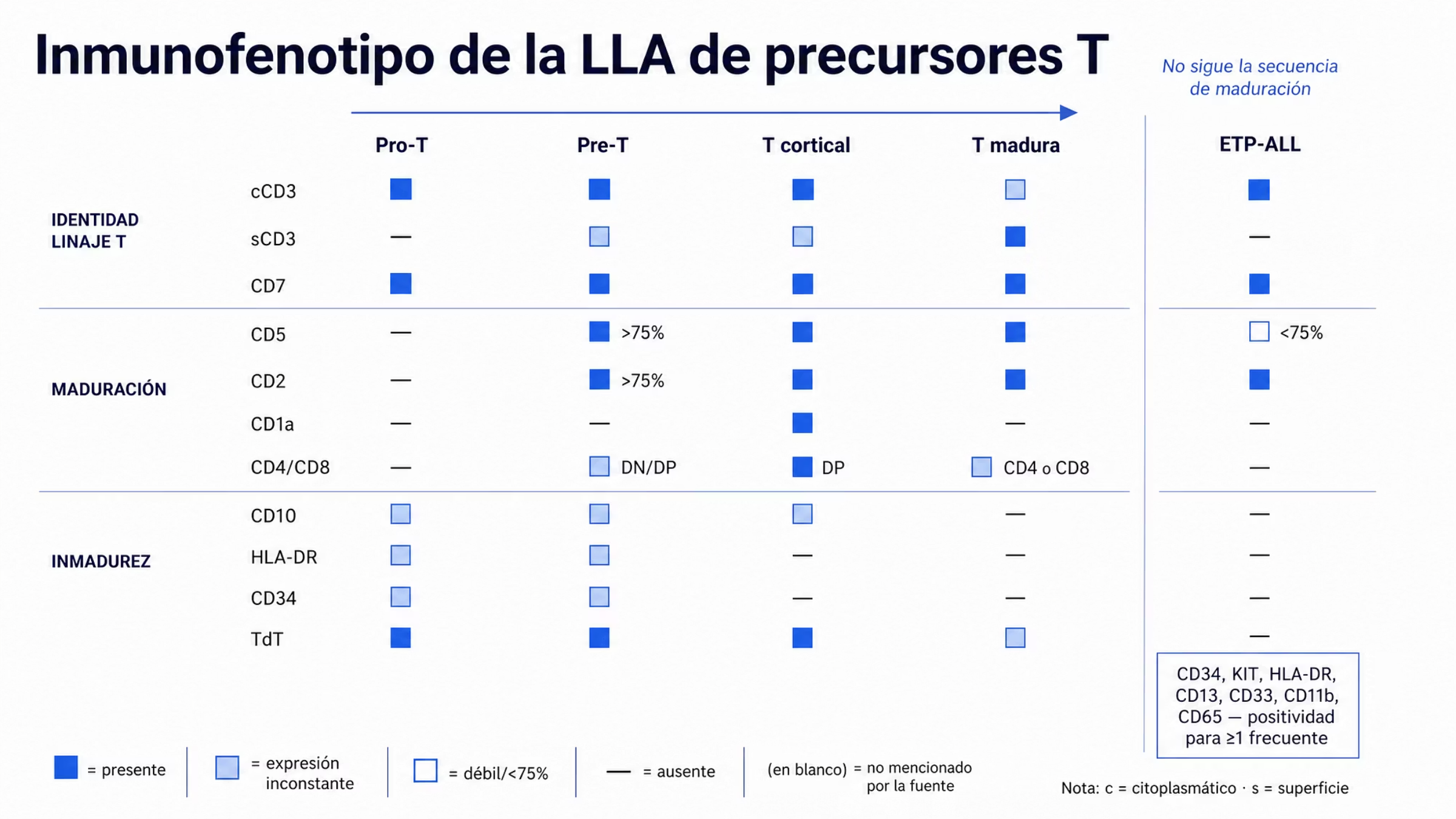 Matriz de cinco columnas con los subtipos inmunofenotípicos de la LLA de precursores T. Las cuatro primeras forman una secuencia de maduración: Pro-T con CD3 citoplasmático y CD7 y marcadores de inmadurez inconstantes; Pre-T que agrega CD2 o CD5 en más de 75% de los blastos con expresión intensa y una pareja CD4/CD8 doble negativa o doble positiva; T cortical que agrega CD1a y doble positividad de CD4 y CD8; y T madura con CD3 de superficie y CD4 o CD8. La quinta columna, separada, corresponde a ETP-ALL: CD7 presente, CD8 y CD1a ausentes, CD5 débil y en menos de 75% de los blastos, con positividad frecuente para marcadores mieloides o de célula progenitora como CD34, KIT, HLA-DR, CD13, CD33, CD11b y CD65.