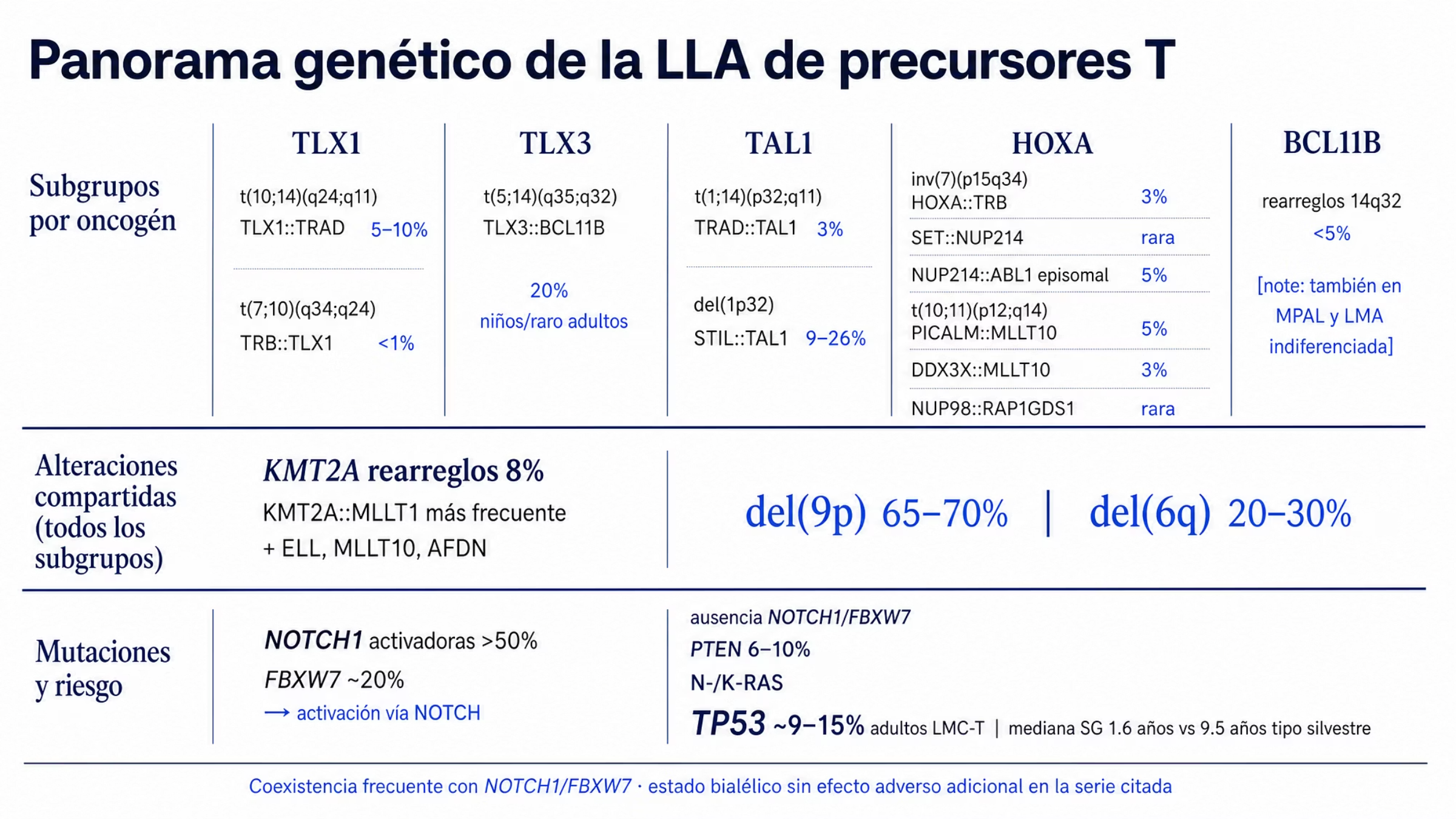 Mapa molecular en tres capas. La capa superior muestra cinco subgrupos de LLA-T definidos por el oncogén activado: TLX1 con TLX1::TRAD en 5 a 10%, TLX3 con TLX3::BCL11B en 20% de los casos pediátricos, TAL1 con STIL::TAL1 en 9 a 26%, HOXA con seis alteraciones distintas entre ellas PICALM::MLLT10 y NUP214::ABL1 en 5%, y rearreglos de BCL11B en menos de 5%. La capa intermedia reúne las alteraciones que no se limitan a un subgrupo: rearreglos de KMT2A en 8% y deleciones de 9p en 65 a 70% y de 6q en 20 a 30%. La capa inferior reúne las mutaciones: NOTCH1 en más de la mitad de los casos y FBXW7 en cerca de 20%, y como características de alto riesgo la ausencia de mutaciones de NOTCH1 o FBXW7, PTEN en 6 a 10%, N-/K-RAS y TP53 en 9 a 15% de los adultos, con supervivencia global mediana de 1.6 años frente a 9.5 años.