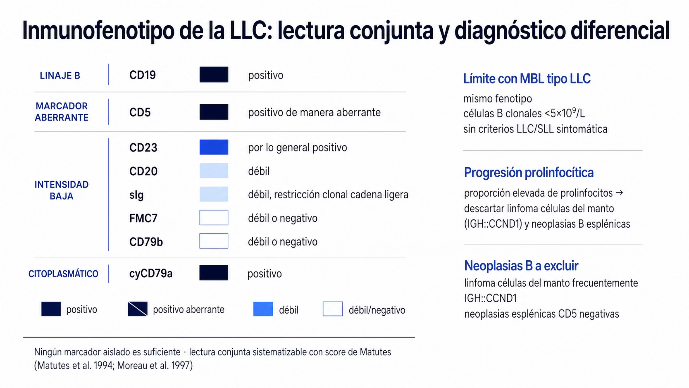 Matriz de marcadores del inmunofenotipo de la leucemia linfocítica crónica, agrupada en cuatro bloques con una columna de intensidad de expresión. CD19 y cyCD79a positivos como identidad de linaje B; CD5 positivo de manera aberrante; CD23 por lo general positivo; CD20, la inmunoglobulina de superficie con restricción clonal de cadena ligera, FMC7 y CD79b con expresión débil o negativa. Al pie se indica que ningún marcador aislado es suficiente y que la lectura conjunta se sistematiza con el score de Matutes. A un costado, tres límites diagnósticos: la MBL tipo LLC con células B clonales menores de 5 × 10⁹/L, la progresión prolinfocítica y las entidades que hay que descartar, entre ellas el linfoma de células del manto con IGH::CCND1 y las neoplasias B esplénicas CD5 negativas.