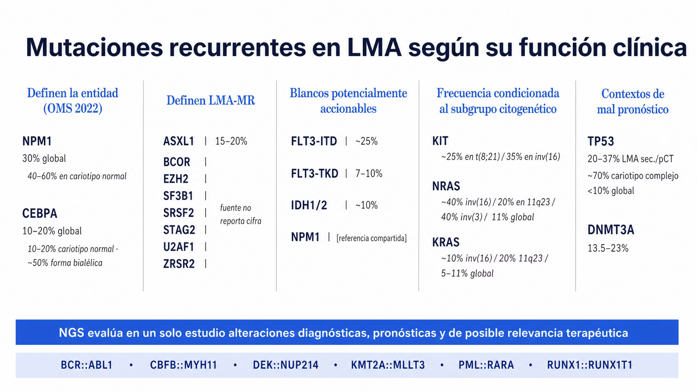 Mapa de mutaciones recurrentes en leucemia mieloide aguda organizado en cinco agrupaciones por función clínica. La primera reúne los genes que definen la entidad en la OMS 2022, NPM1 con cerca de 30% global y CEBPA con 10 a 20%. La segunda agrupa los genes que definen la LMA relacionada con mielodisplasia, encabezados por ASXL1 con 15 a 20% y seguidos de BCOR, EZH2, SF3B1, SRSF2, STAG2, U2AF1 y ZRSR2 sin frecuencia reportada. La tercera reúne los blancos potencialmente accionables FLT3-ITD con cerca de 25%, FLT3-TKD con 7 a 10%, IDH1/2 con cerca de 10% y NPM1. La cuarta agrupa KIT, NRAS y KRAS, cuyas frecuencias cambian según el subgrupo citogenético. La quinta reúne TP53 y DNMT3A, concentrados en contextos de mal pronóstico.