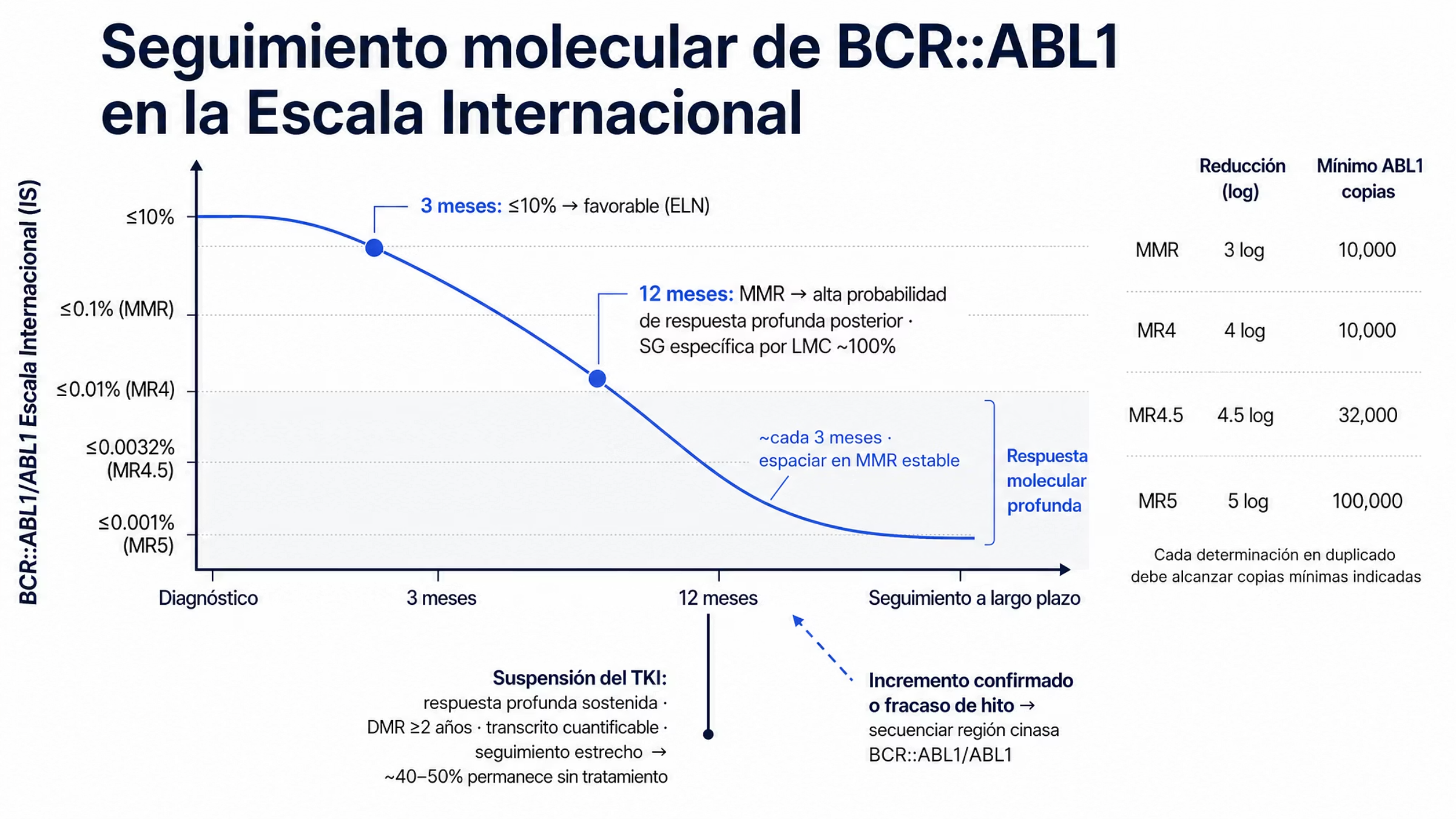 Gráfica de seguimiento molecular con el tiempo de tratamiento en el eje horizontal y BCR::ABL1 en la Escala Internacional en escala logarítmica descendente en el vertical. Se marcan los umbrales de 10%, MMR en 0.1%, MR4 en 0.01%, MR4.5 en 0.0032% y MR5 en 0.001%, cada uno con su reducción logarítmica y sus copias mínimas de ABL1. Una curva descendente toca dos hitos: a los tres meses, un valor igual o menor de 10% se considera favorable, y a los doce meses la MMR predice una respuesta molecular profunda posterior. La zona por debajo de MR4 se identifica como respuesta molecular profunda. Dos ramas de decisión cierran la figura: el incremento confirmado o el fracaso de los hitos lleva a secuenciar la región cinasa, y la respuesta profunda sostenida por al menos dos años permite considerar la suspensión del inhibidor, con cerca de 40 a 50% de los pacientes seleccionados libres de tratamiento.