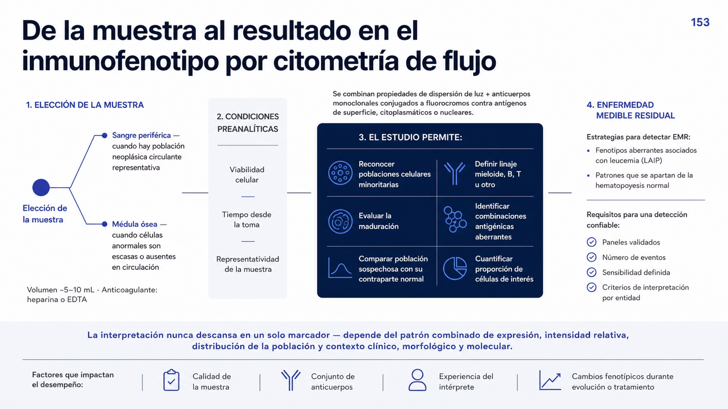 Recorrido en cuatro tiempos del inmunofenotipo por citometría de flujo. Primero, la elección entre sangre periférica, cuando hay población neoplásica circulante representativa, y médula ósea, cuando las células anormales son escasas o no se encuentran, con 5 a 10 mL anticoagulados con heparina o EDTA. Después, una barrera con las condiciones preanalíticas: viabilidad celular, tiempo desde la toma y representatividad. Luego, las seis capacidades del estudio: reconocer poblaciones minoritarias, definir el linaje, evaluar la maduración, identificar combinaciones antigénicas aberrantes, comparar con la contraparte normal y cuantificar las células de interés. Por último, la evaluación de enfermedad medible residual, que exige conjunto de anticuerpos, número de eventos, sensibilidad y criterios de interpretación validados, sobre una banda que recuerda que la interpretación nunca se apoya en un solo marcador.
