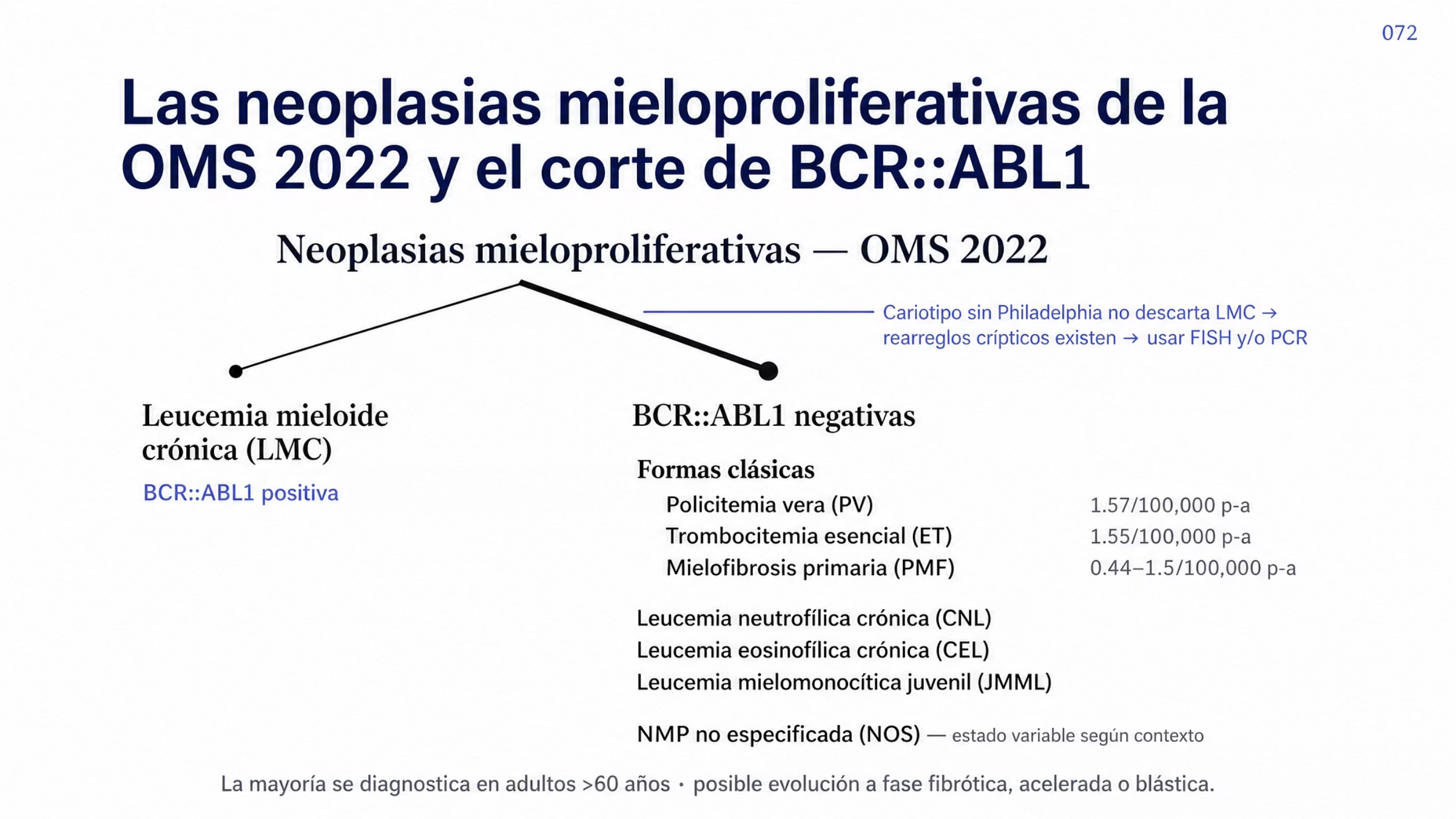 Composición jerárquica de las neoplasias mieloproliferativas de la OMS 2022 dividida por el estado de BCR::ABL1. En la rama positiva, la leucemia mieloide crónica. En la rama negativa, las formas clásicas policitemia vera, con incidencia aproximada de 1.57 por 100,000 personas-año, trombocitemia esencial con 1.55 y mielofibrosis primaria en fase fibrótica con 0.44 a 1.5; en segundo nivel, leucemia neutrofílica crónica, leucemia eosinofílica crónica y leucemia mielomonocítica juvenil; y al final la neoplasia mieloproliferativa no especificada, de estado variable. En la bifurcación se indica que el cariotipo sin translocación Philadelphia no descarta la leucemia mieloide crónica y que se requiere FISH y/o PCR.