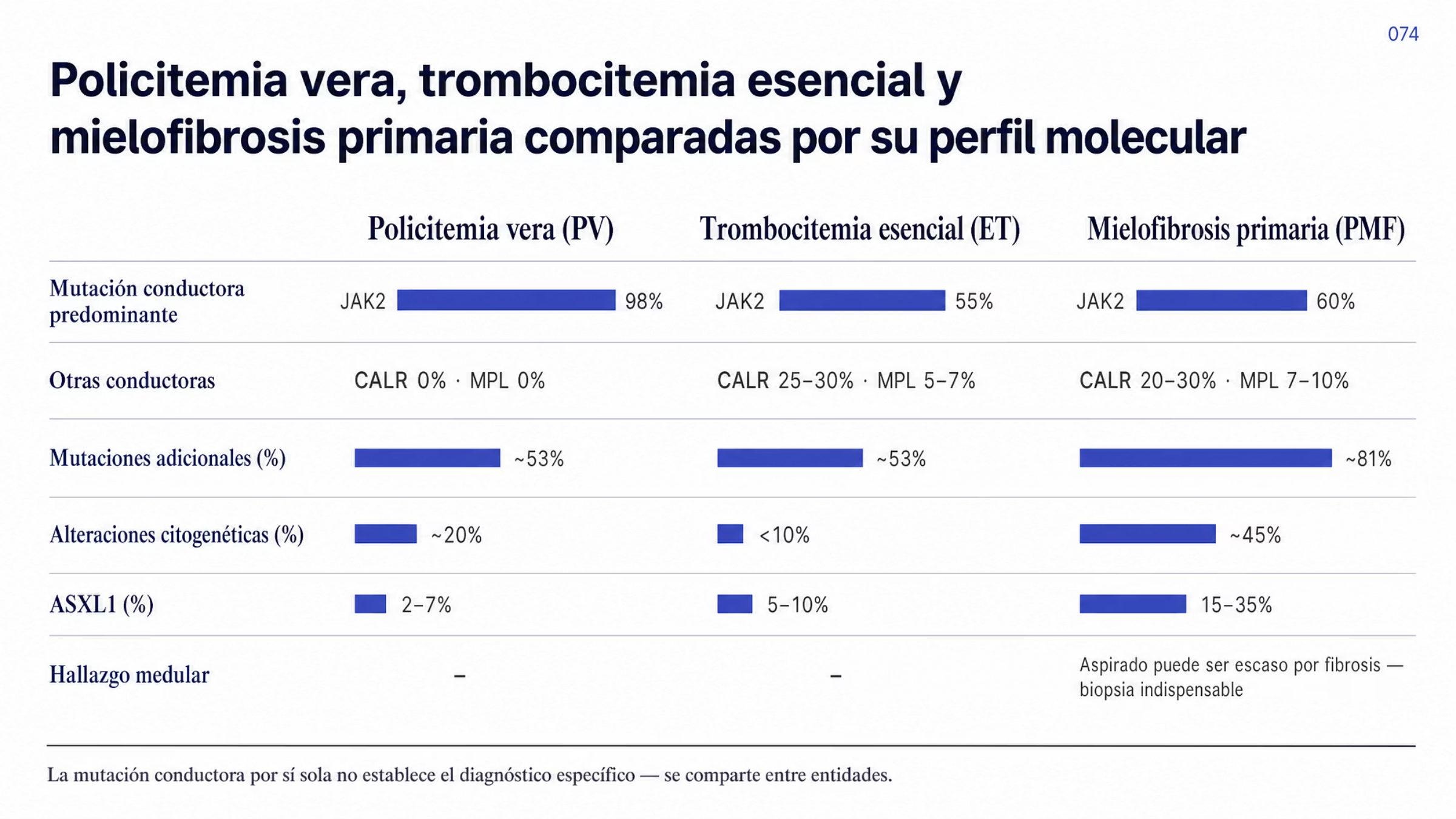 Comparación de policitemia vera, trombocitemia esencial y mielofibrosis primaria sobre seis ejes. JAK2 aparece en 98%, 55% y 60% respectivamente; CALR en 0%, 25 a 30% y 20 a 30%; MPL en 0%, 5 a 7% y 7 a 10%. Las mutaciones adicionales alcanzan 53% en policitemia vera y trombocitemia esencial y 81% en mielofibrosis primaria; las alteraciones citogenéticas, alrededor de 20%, menos de 10% y cerca de 45%; ASXL1, de 2 a 7%, de 5 a 10% y de 15 a 35%. Sólo en la mielofibrosis primaria se señala que la fibrosis puede impedir obtener aspirado y obliga a la biopsia con estudio histológico.