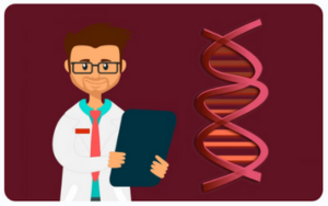 Científico en bata blanca sostiene un clipboard junto a una doble hélice de ADN sobre fondo rojo oscuro, simbolizando investigación genética.