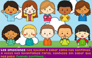Niños ilustrados expresando emociones como alegría, tristeza, sorpresa y confusión, con texto en español sobre entender los sentimientos.