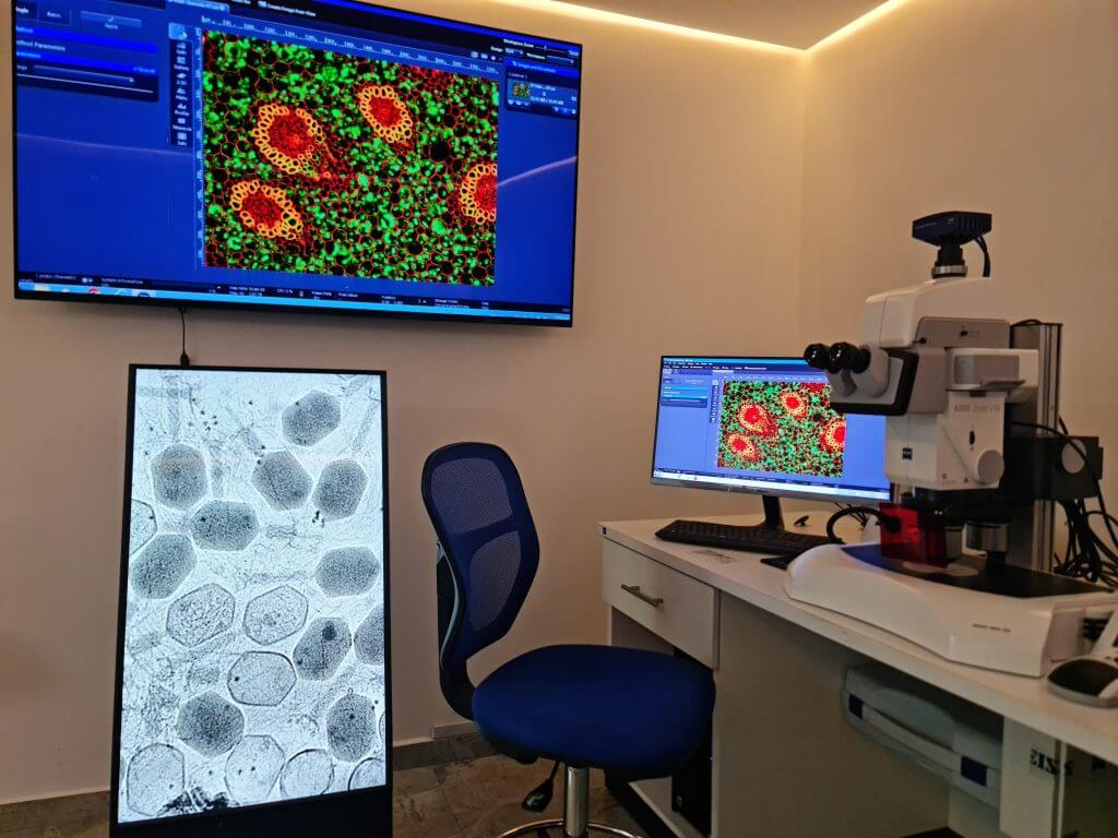 Laboratorio equipado con microscopio avanzado, pantalla de alta resolución mostrando imágenes de tejidos y célula en detalle.